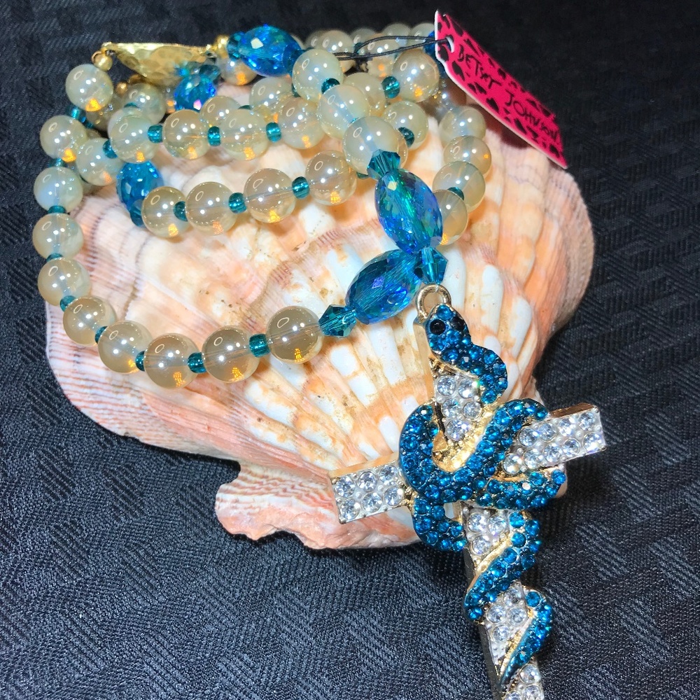 Betsey Johnson Gold And Turquoise Rhinestone Crucifix Five Decade Fashion Rosary